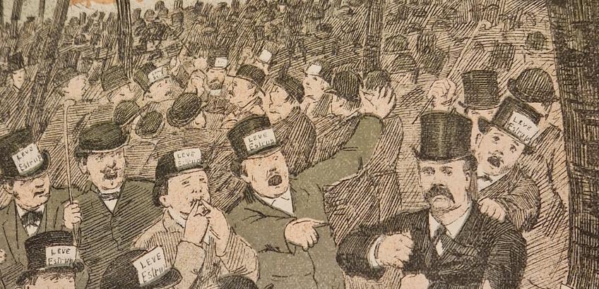 Tegning fra debatmøde i 1885 hvor Estrup-tilhængere råber efter en Venstremand