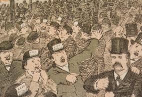 Tegning fra debatmøde i 1885 hvor Estrup-tilhængere råber efter en Venstremand